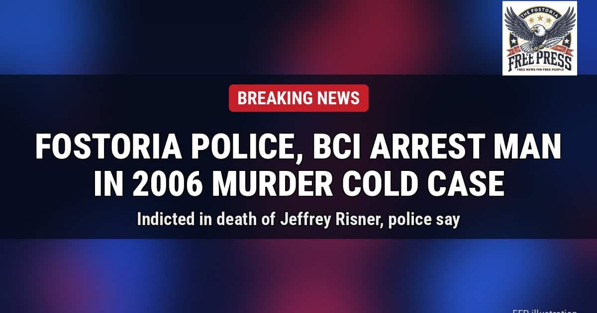 FFP illustration with the words Breaking News, Fostoria Police and BCI Arrest Man in 2006 Murder Cold Case